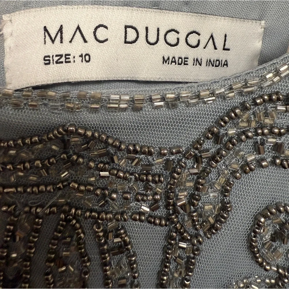 NWT |Mac Duggal A5434 Silver Short Sleeve Beaded A-line Tea Length Dress Size 10 - Picture 8 of 16